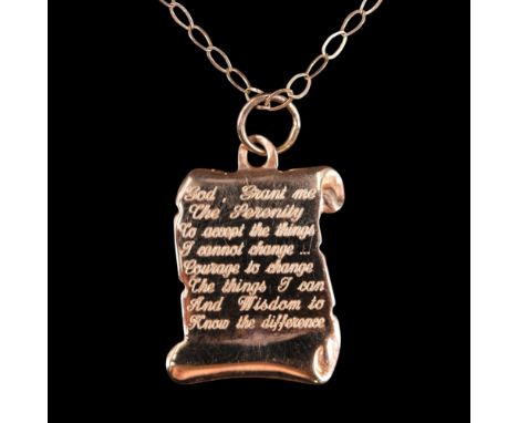 A vintage yellow metal scroll pendant engraved with a prayer, suspended on a fine belcher-link neck chain, 48 cm, pendant 21 