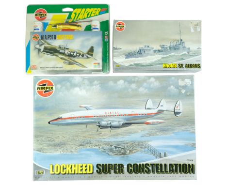 Airfix 1:400 scale HNoMS St Albans, 1:72 scale P51B Mustang and 1:72 scale Lockheed Super Constellation model kits