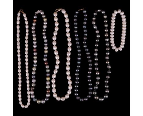 Five black and other pearl necklaces, three having yellow metal clasps, together with a similar bracelet