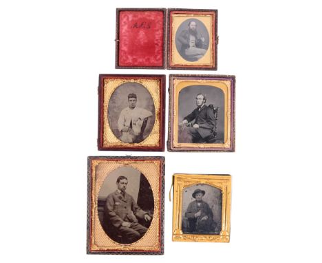 Five Victorian ambrotype photographic portraits of gentleman, one being a characterful study of a seated gentlemen with a lon