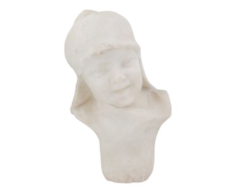 A marble bust of a cheery young child in a hood or cap and diaper pattern scarf, early 20th Century, 36 cm