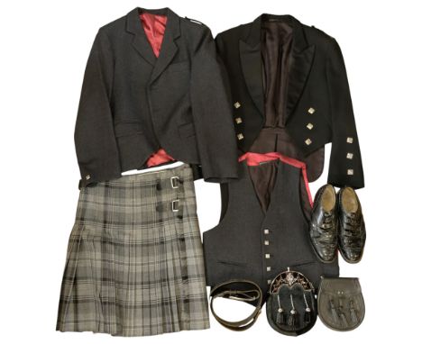 A group of contemporary Scottish highland dress including a Hector Russell of Inverness black granite tartan kilt, ghillie br