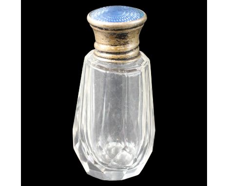 A 1920s gut glass scent bottle having a basse taille enamelled and rose engine turned silver cap, 6 cm
