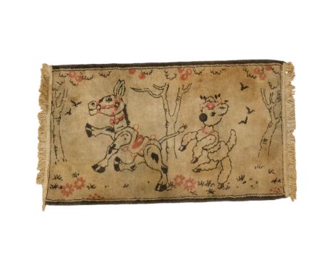 A vintage Muffin the Mule and Louise the Lamb nursery mat, circa 1940s/1950s, 97 cm x 54 cm 