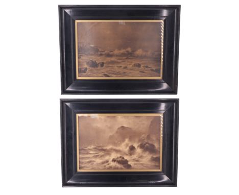 After Ezra "Elmer" Keene (1853 - 1929)A pair of blustery seascapes with waves violently crashing onto the sharp rocks, as sea