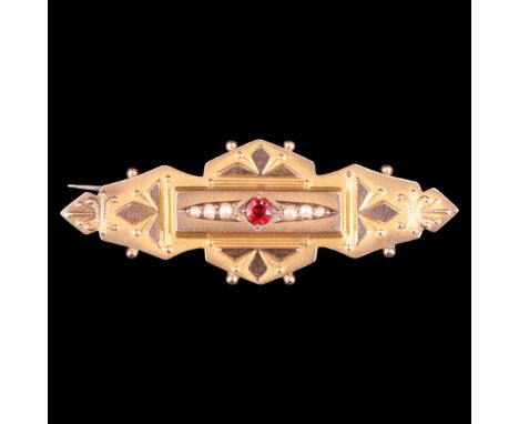A Victorian 9 ct gold, seed pearl and pink stone Etruscan Revival influenced tablet locket brooch, 47 mm, 3.7 g 