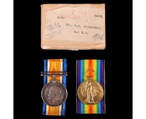 British War and Victory medals to  6588Cpl R G Robertson, Argyll and Sutherland Highlanders, in carton