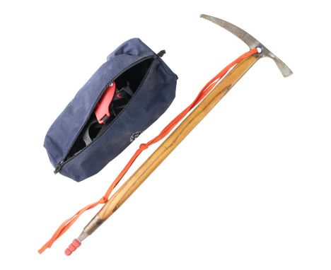 Camp brand mountaineering crampons and a Chouinard Frost ice axe, latter height 76 cm