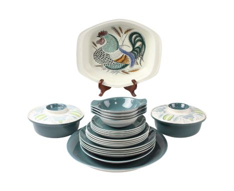A 1960s Poole "Lucullus" pattern dinner service for four, designed by Robert Jefferson, Blue Moon colour, including soup bowl