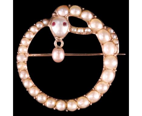 A Victorian articulated pearl-set 15 ct gold serpent brooch, the serpent of graded pearls having pink-gem-set eyes and carryi