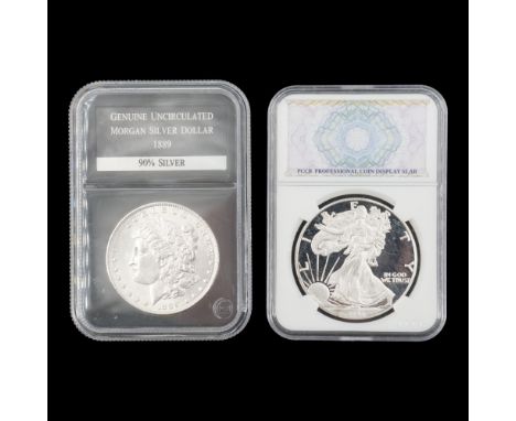 An 1889 US Morgan dollar together with a 2020 fine silver dollar