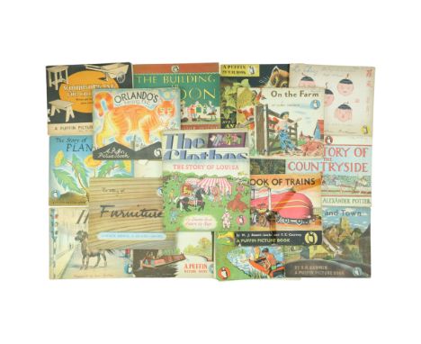 A group of vintage Puffin Picture Books including, "Village and Town" and "Woodworking For Children"