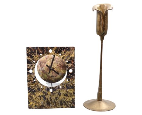 A contemporary Whittle Design steel clock, decorated with brass and copper textural elements, 17.5 cm [Whittle Designs are ba