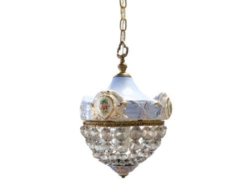 A gilt metal, ceramic and glass tent-and-bag pendant chandelier, 34 cm drop