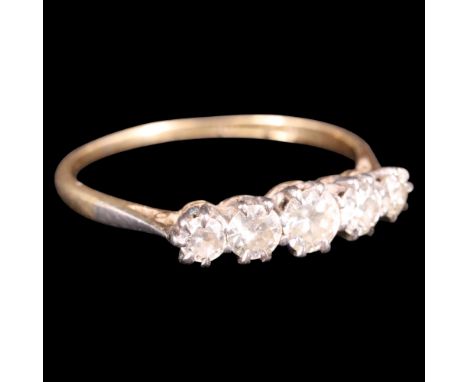 A late 19th / early 20th Century five-stone diamond ring, comprising old cut stones of approx 1 ct aggregate weight, platinum