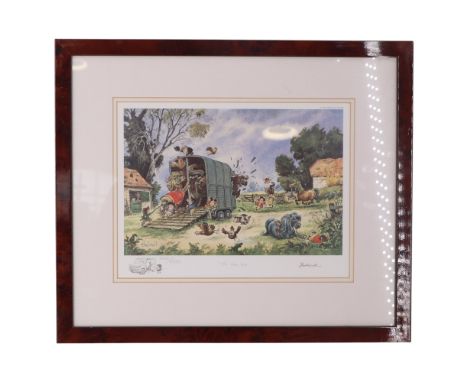 After Norman Thelwell (1923 - 2004)"The Horse Box", a humorous depiction of a frantic yard scene, with characters attempting 