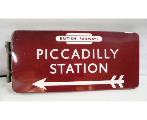 BR(M) fully flanged double-sided enamel station railway sign with British Railways totem, Piccadilly Station and left-pointin