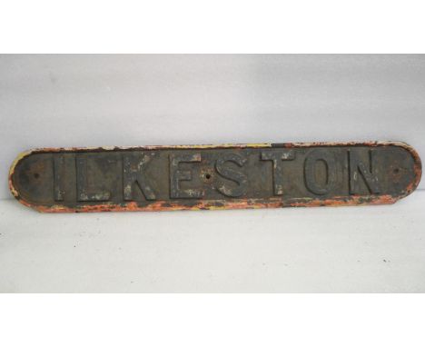 An LNER cast iron platform bench sign ILKESTON. Measures 11 x 71cm HxW.&nbsp;