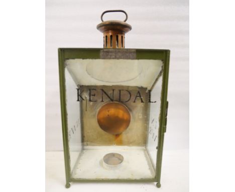 A London &amp; North Western Railway station platform lamp with reflector. Inscribed KENDAL and LNWR. Measures 67 x 37 x 26cm