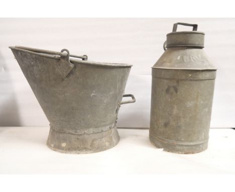 A small BR(E) stamped milk churn with lid and a BR(E) stamped coal scuttle.&nbsp;