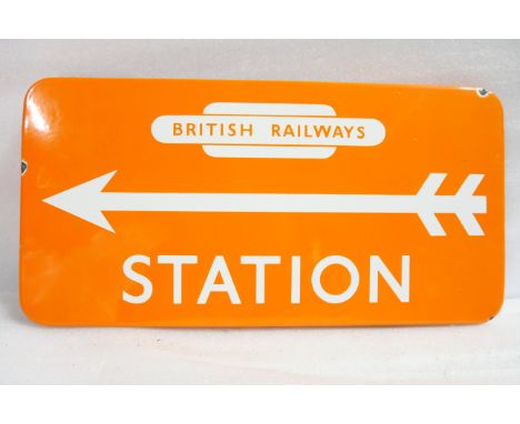 BR(NE) fully flanged enamel station railway sign with British Railways totem, left-pointing arrow and STATION. Measures 16.5 