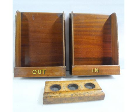 A L&amp;NWR wooden inkwell stand and a pair of wooden in- and out-trays.&nbsp;