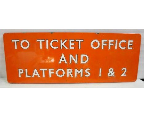 BR(NE) fully flanged enamel station railway sign TO TICKET OFFICE AND PLATFORMS 1 &amp; 2. Measures 46 x 122cm HxW.&nbsp;