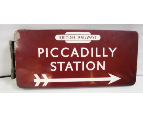BR(M) fully flanged double-sided enamel station railway sign with British Railways totem, Piccadilly Station and right-pointi