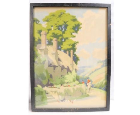 A framed GWR railway poster of a rural Somerset scene. The rear stamped GWR. The rear also appears to have been used as an im