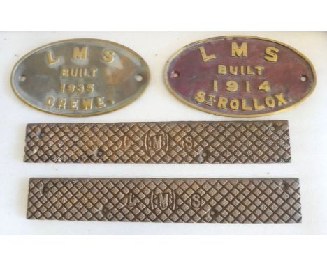 Two brass London Midland Scottish Railway build plates dated 1914 St Rollox and 1935 Crewe (measure 15 x 26.5cm HxW) and two 