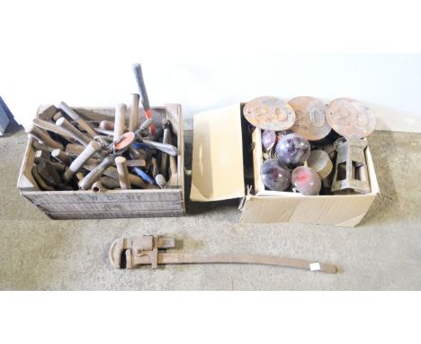 A box of railway lantern burners and lenses, and a crate of railway tools.