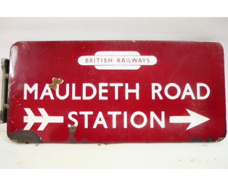 BR(M) fully flanged double-sided enamel station railway sign with British Railways totem, Mauldeth Road Station and left-poin