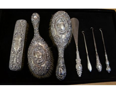 Silver brush set together with 3x silver button hooks &amp; a shoe horn 