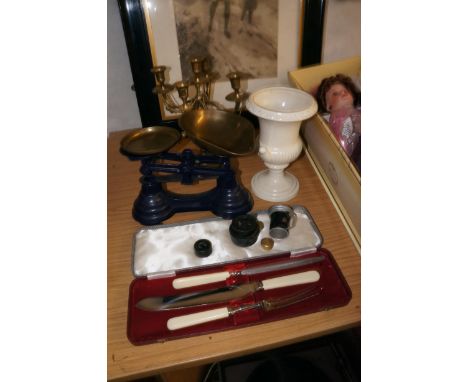 Scales &amp; weights, four branch candle stick &amp; a meat carver