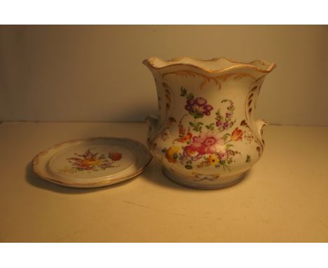 Early hand painted Dresden planter with drip tray Height 18 cm 