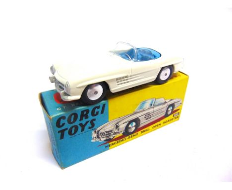 A CORGI NO.303, MERCEDES-BENZ 300SL OPEN ROADSTER  white with a blue interior, excellent condition (casting flaw at base of w