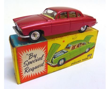 A CORGI NO.238, JAGUAR MARK X  metallic red, near mint, complete with two suitcases in boot, boxed,  the box generally good (