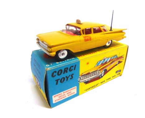 A CORGI NO.221, CHEVROLET IMPALA NEW YORK TAXI CAB  yellow, excellent condition, boxed, with Model Club leaflet, the box gene