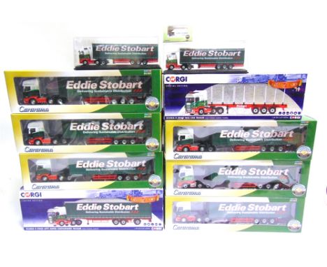 ELEVEN EDDIE STOBART DIECAST MODEL VEHICLES  comprising a Corgi No.CC13742, Scania R Log Trailer; Corgi No.CC13747, Scania R 