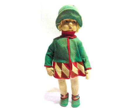 A LENCI STYLE CLOTH DOLL  with a blonde wig, painted brown side-glancing eyes, and a jointed body, wearing a predominantly gr