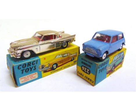 TWO CORGI DIECAST MODELS  comprising a No.226, Morris Mini-Minor, pale blue with a red interior, smooth hubs, good condition,
