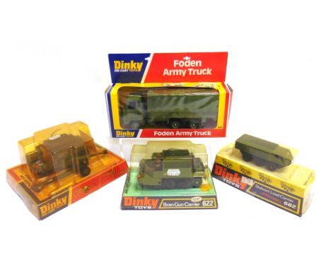 FOUR DINKY DIECAST MODEL MILITARY VEHICLES  comprising a No.619, Bren Gun Carrier with Anti-Tank Gun; No.622, Bren Gun Carrie