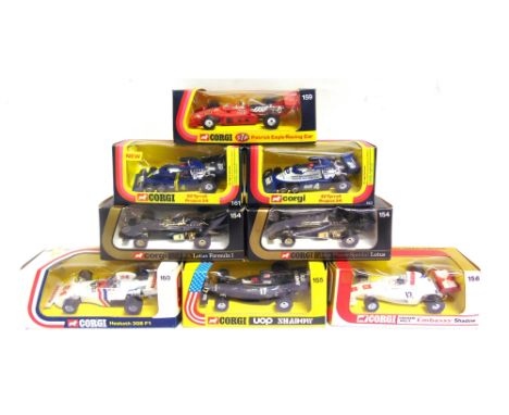EIGHT CORGI DIECAST MODEL RACING CARS  comprising two No.154, J.P.S. Lotus Formula 1, in variant Fittipaldi / Peterson boxes;