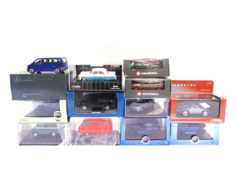 TWELVE ASSORTED 1/43 SCALE CARS &amp; LIGHT COMMERCIAL VEHICLES by Oxford Diecast (5), Schuco (2), Minichamps (1), and others