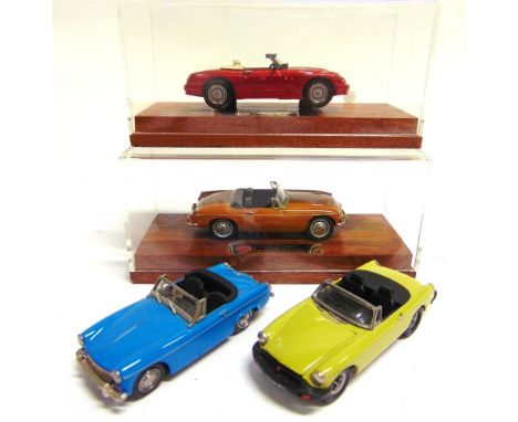 [WHITE METAL]. FOUR 1/43 SCALE MODEL CARS  comprising a JEM Metal Miniatures 1964-66 M.G. Midget Mk II, blue; K. &amp; R. Rep