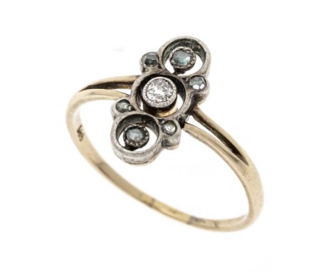 Art Déco-Diamant-Ring WG 585/000 mit einem Altschliff-Diamanten 0,10 ct l.get.W/SI-PI und 6 Diamantrosen 2 mm und 1 mm, RG 61