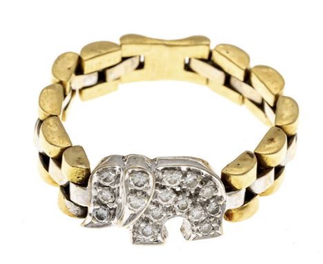 Ketten-Ring mit Elefantenmotiv GG/WG 750/000 ungest., gepr., mit 15 Brillanten, zus. 0,20 ct l.get.W/SI, RG 57, 5,4 g
