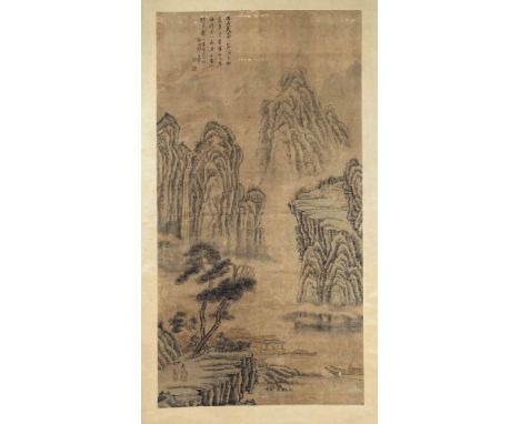 Wang Hui(1632-1717) zugeschrieben: ''Mit der Zither den Freund im Gebirge besuchen'', Hängerolle, Tusche und leichte Farben a