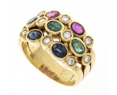 Multicolor-Ring GG 750/000 mit je 2 oval fac.Saphiren, Rubinen und 3 Smaragden 4 x 3mm, leicht berieben, im Wechsel mit 10 Br