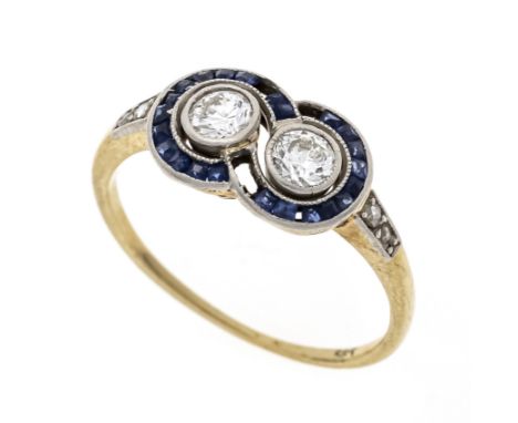 Art Déco Altschliff-Diamant-Saphir-Ring GG 585/000 mit 23 fac. Saphir-Carrées, 4-5 Steine fehlen, 2 Altschliff-Diamanten, zus